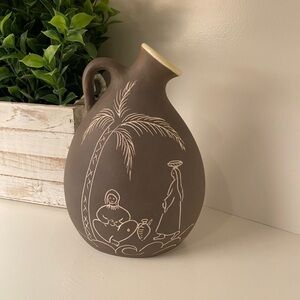 Israeli Bisque Art Pottery Pitcher Glazed Opening Etched Palm Trees Vintage